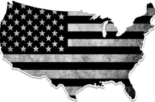 Black and white American flag in the shape of the United States